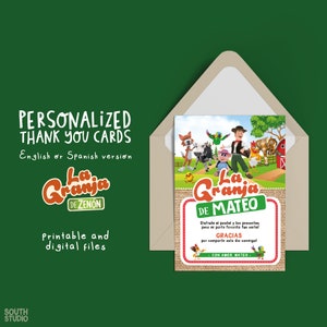 Cartão de agradecimento da Fazenda Zenon. Nota de agradecimento de La Granja de Zenon. Cartão de festa para impressão de Vaca Lola, Percheron, Bartolito. GRZEPR