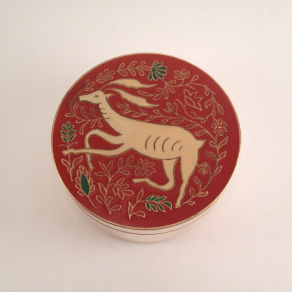 Vintage Brass Animal Folk Art Deer Powder Box Clo… - image 2