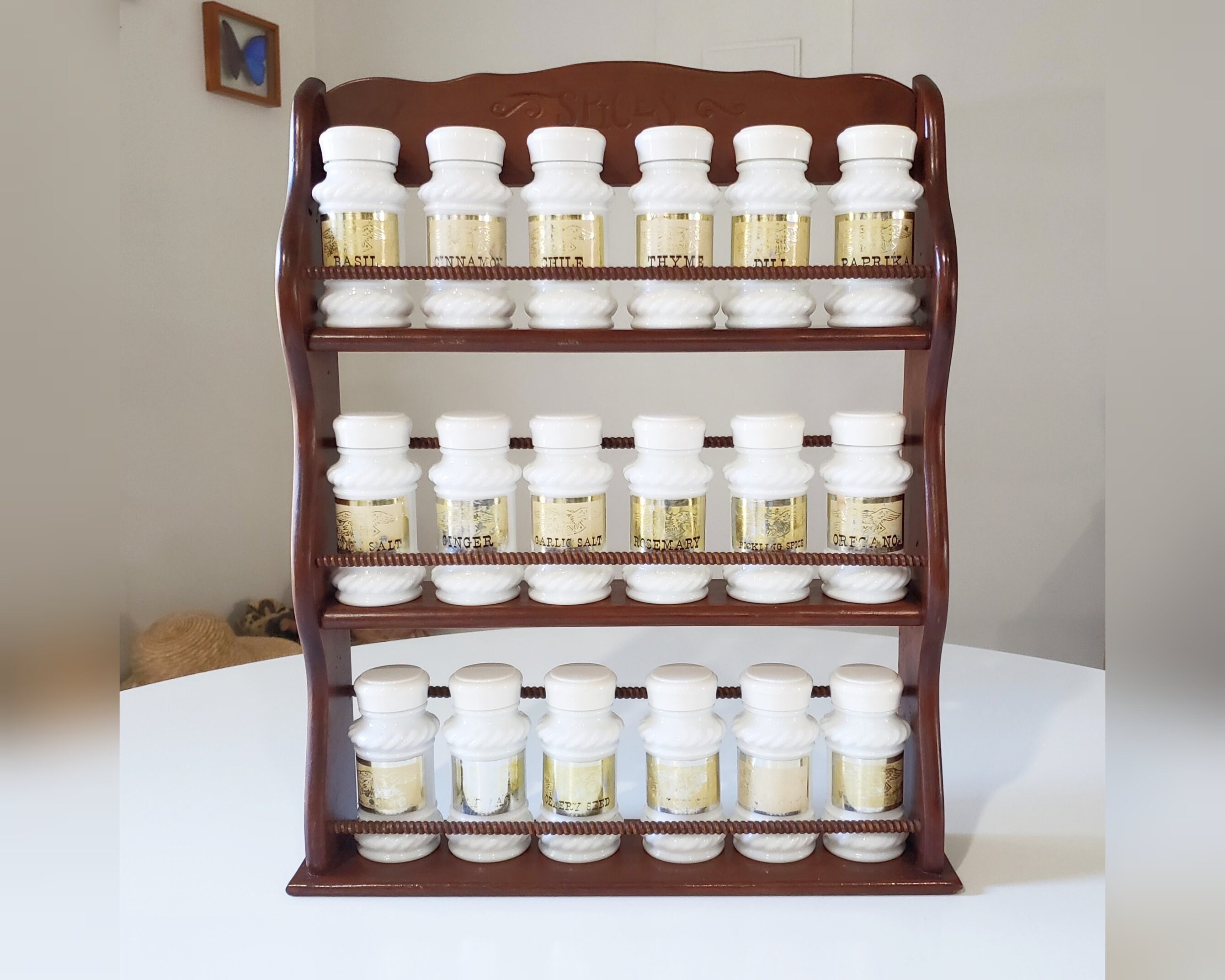 VTG Wood Tiered Spice Rack Stand & 10 Glass Label Spice Jars Storage  Containers