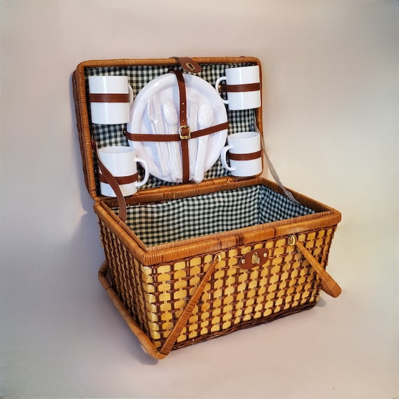 Large Wicker 2 Tone Picnic Basket Complete with D… - image 1