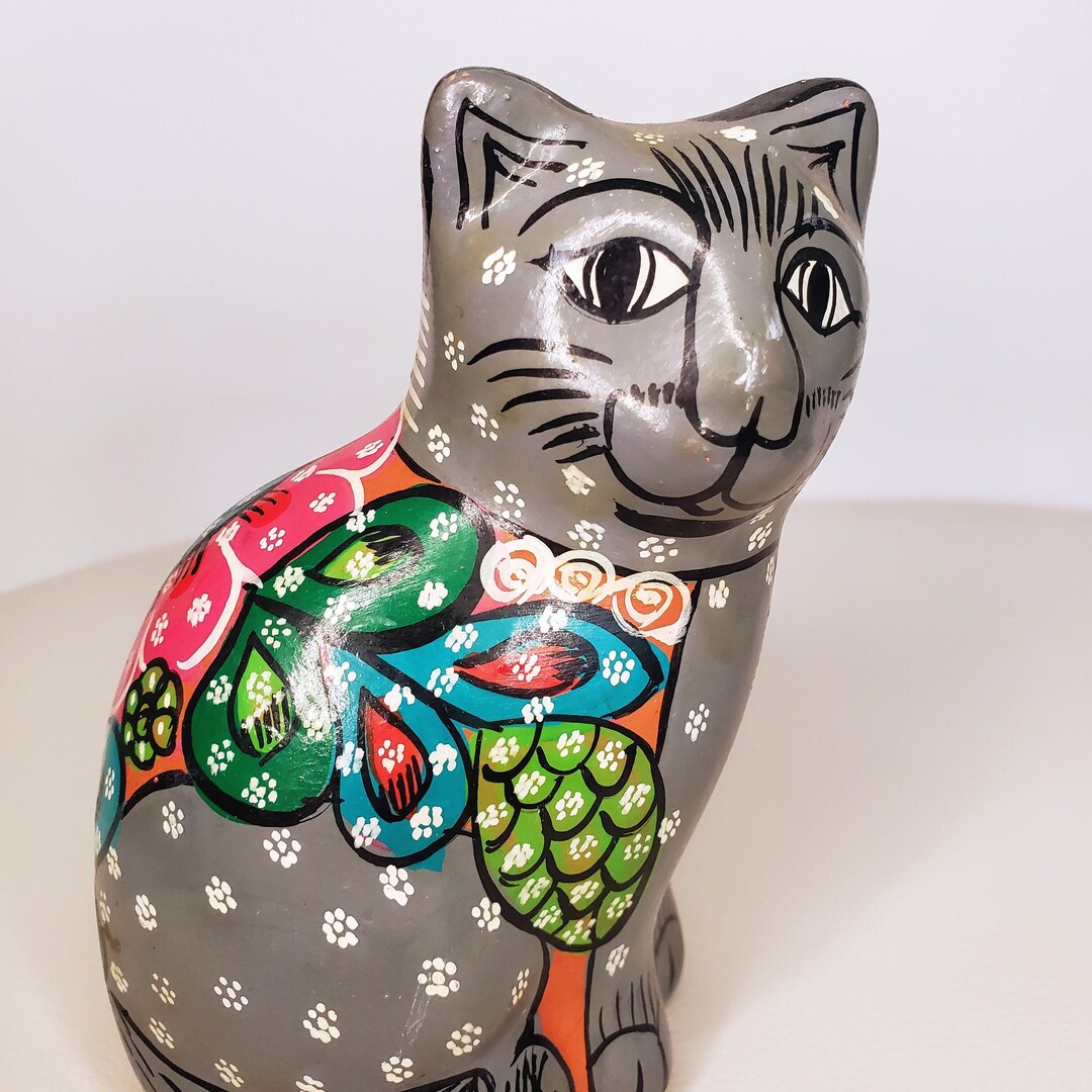 Mexican Folk Art Vintage Cat Statue Talavera Pottery Isidoro Mexico