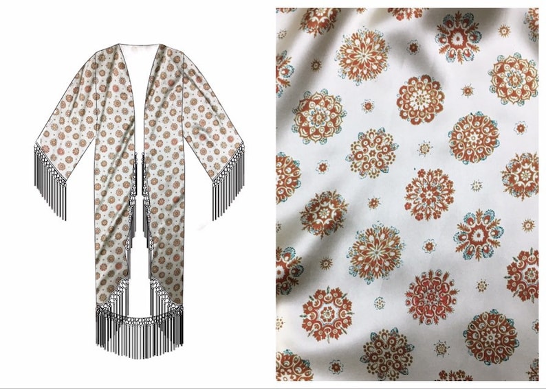 Bohemian Medallion \u2022Silk Charmeuse Fringe Robe Vintage Fabric 1930s inspired Dressing Gown One Size \u2022Heron