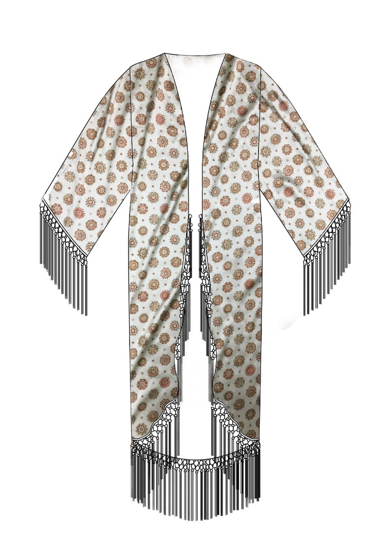 Bohemian Medallion \u2022Silk Charmeuse Fringe Robe Vintage Fabric 1930s inspired Dressing Gown One Size \u2022Heron