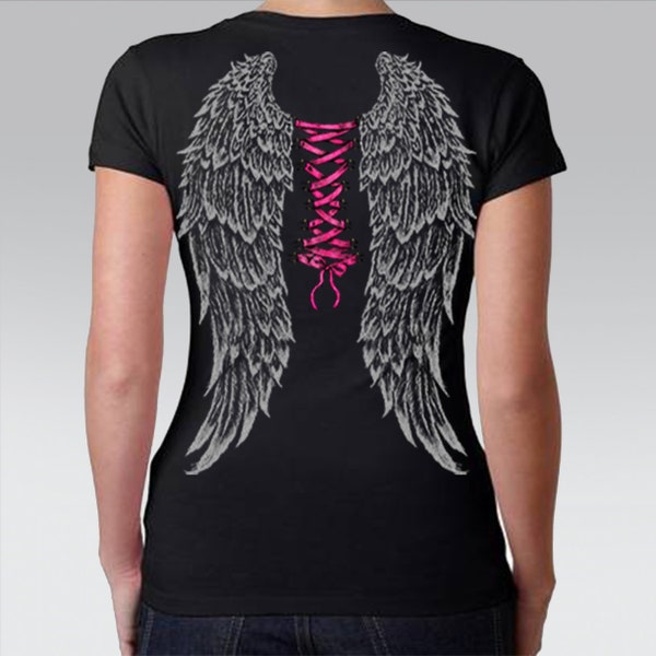 Junior Corset Biker Angel Wings Short Sleeve V-Neck Shirt