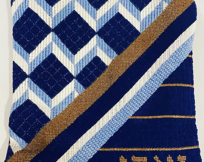 Needlepoint Handpainted Geometric Canvas: Tefillin, Tallit Bag Set (GEO-2118 Blue)