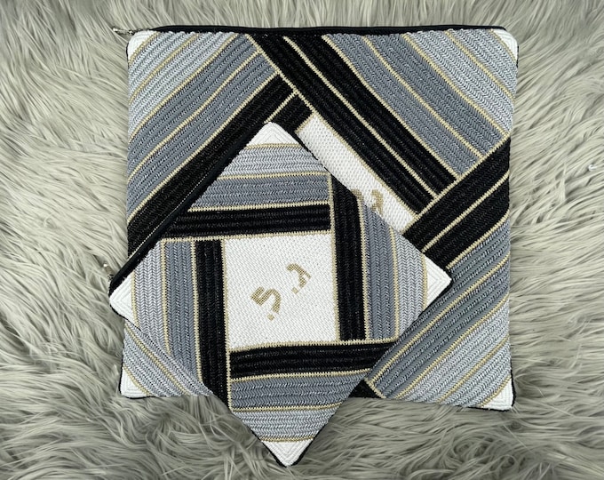 Needlepoint Handpainted Geometric Canvas: Tefillin, Tallit Bag Set (GEO-2099 Black)