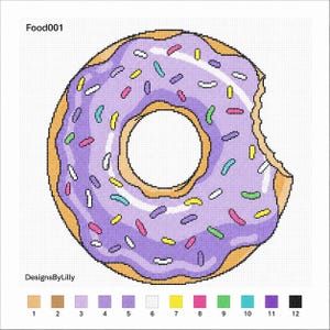 May include: A cross-stitch pattern of a donut with a bite taken out of it, featuring light purple icing and multi-colored sprinkles. The design includes the text Food001 and DesignsByLilly, along with a numbered color key at the bottom.