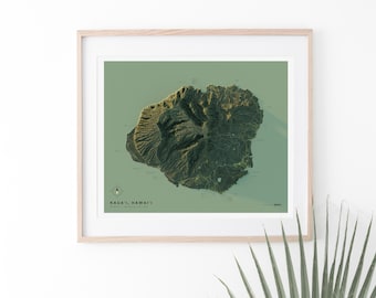 May include: A framed map of Kauai, Hawaii, with a green background and detailed topographic lines showing the island's terrain. The map is titled "Kauai, Hawaii" and includes a compass rose and scale.