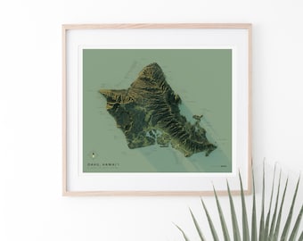 May include: A framed topographic map of Oahu, Hawaii, with a green background and a detailed 3D representation of the island's terrain.