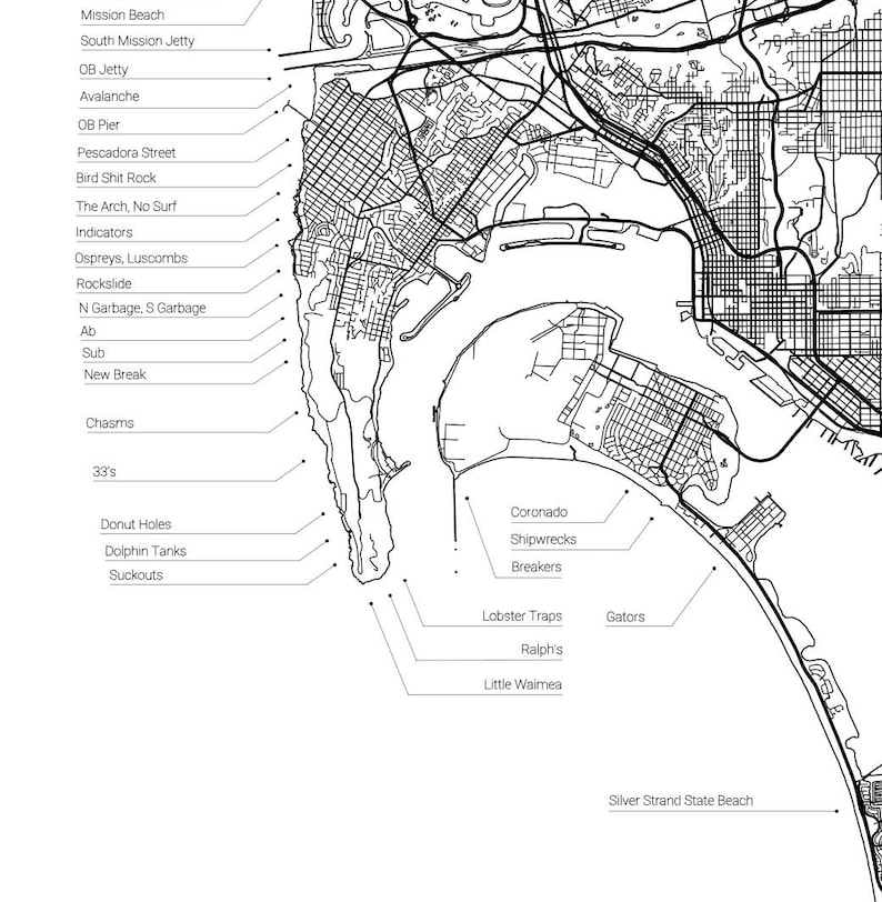 San Diego Surf Map Etsy