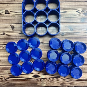 May include: A blue plastic mold with 12 circular compartments, and 18 blue plastic circles that fit inside the compartments.
