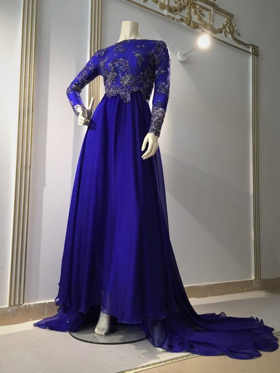 Royal Blue Lace \u0026 Chiffon Evening Dress 