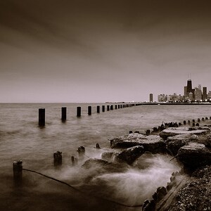 Chicago, IL-Stadt Skyline (schwarz & weiß / Sepia) - Druck, Rahmen, Leinwand für Wand-Dekor