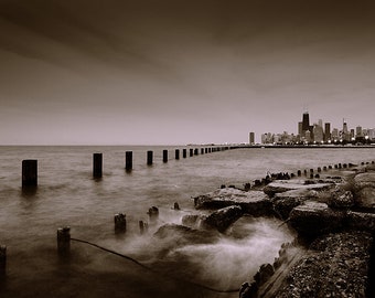 Chicago, IL-Stadt Skyline (schwarz & weiß / Sepia) - Druck, Rahmen, Leinwand für Wand-Dekor