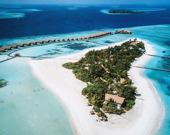 A Private Island in the Maldives, overwater bungalow, aerial drone shot - (Digital Print Only )