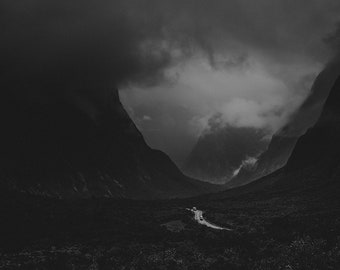 Milford Sound Mountain Valley Road (Black & White) - Print, Frame, Canvas for Wall Decor