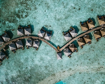 Maldives, overwater bungalow, aerial drone shot - (Digital Print Only )