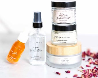 Ultimate Clean Beauty Starter Facial Kit | Rose + White Clay Cleanser | Rose Clay Mask | Fresh Face Cream | Rose Glow Serum | Rose Toner
