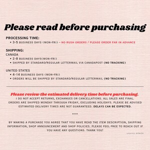 May include: Text on a light brown background reads "Please read before purchasing." Details include processing time, shipping information for Canada and the United States, and a disclaimer about returns and delays. Updated 4/04/26.