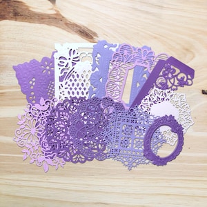 Lot de 11 pièces prédécoupées | Nuances de violet | Découpes pour fabrication de cartes | Journalisation | Cadres | Cartes en relief | Napperons | Embellissements | Tapis pour cartes