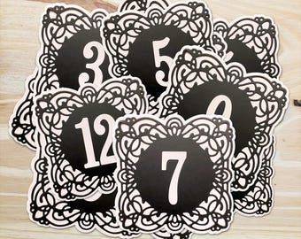 Layered Die Cut Table Numbers | Black Lace Border Place Cards for Weddings, Parties & Events