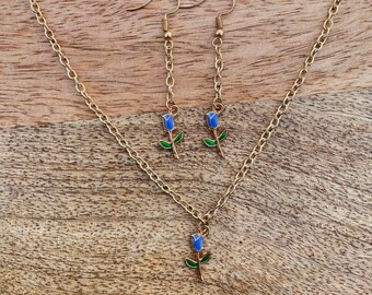 Blue Rose Drop Earrings and Necklace Set