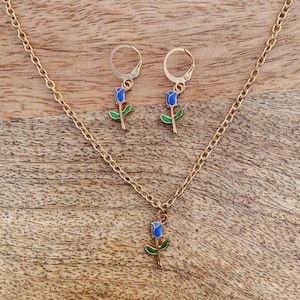 Blue Rose Huggies Earrings and Necklace Set