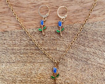 Blue Rose Huggies Earrings and Necklace Set