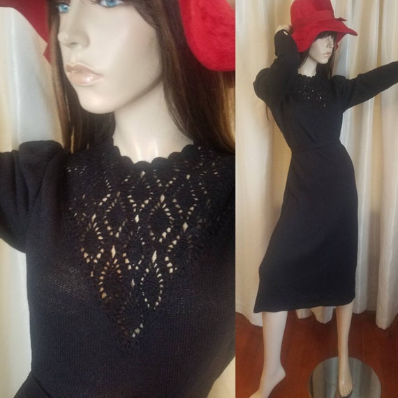 70s 80s does 30s 40s knit black midi dress m mediu