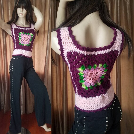 60s vintage small crochet knit top shirt vest bust
