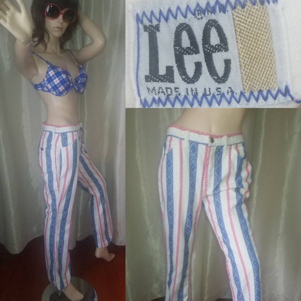 60s 70s vintage Lee m medium striped pants jeans red white blue 30" waist woven not denim fit flare true waist fit mc5 rock n roll garage
