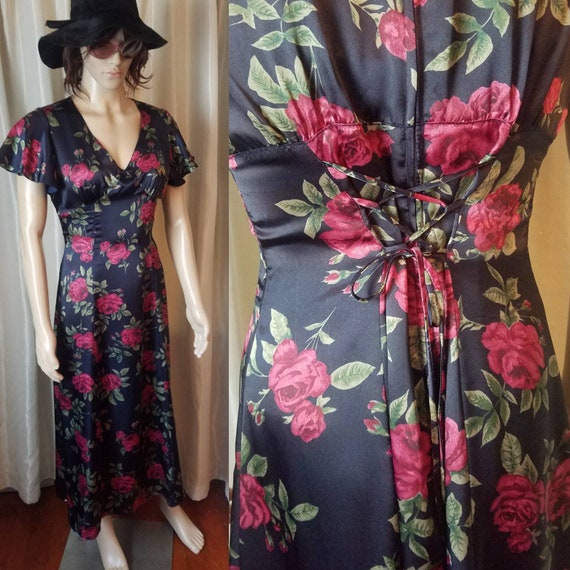 70s 80s vintage rose print maxi midi dress shirt m
