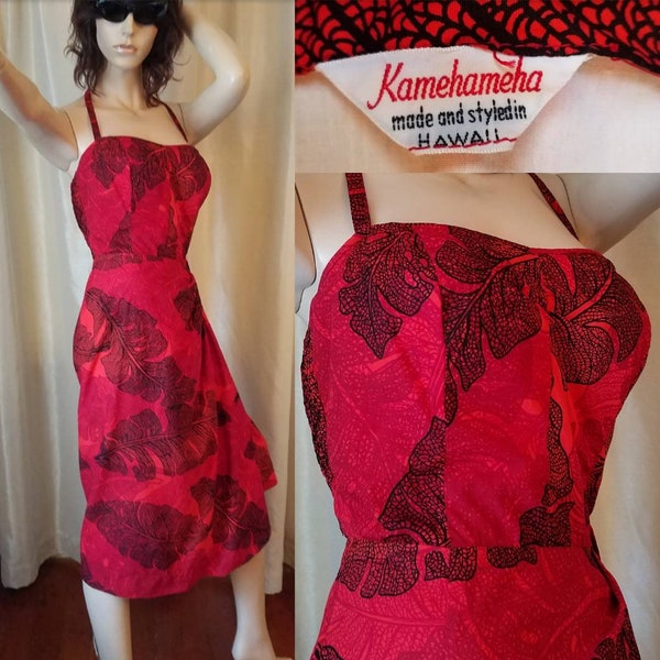 HOLD 1 of 2 50s 60s Kamehameha hawaii sarong tie dress medium large new smocking red black strapless halter tie tiki crisp colors