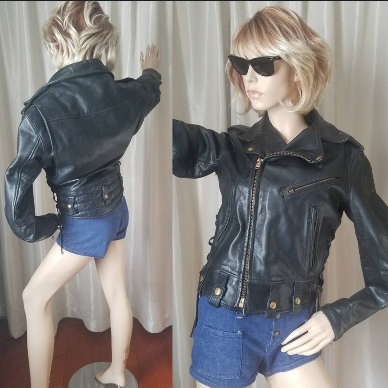 70s 80s Vintage Black Leather Jacket Motorcycle 36 Medium Fitted Quilted Lined Us Made Heavy Duty Pockets Punk Rock Ykk Brass Zippers Mens