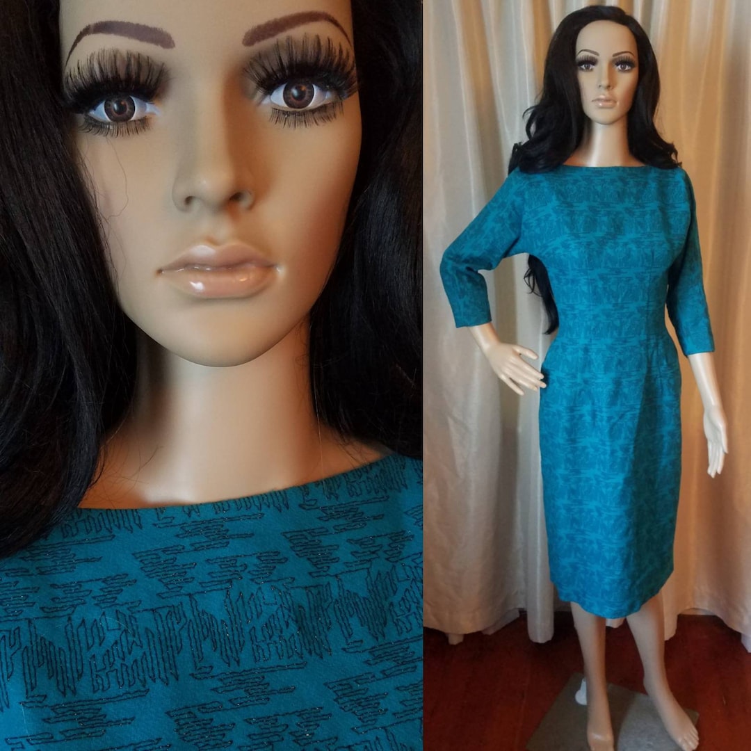 60s Vintage Teal Blue Vintage Sheath Dress Wool Medium M Large L