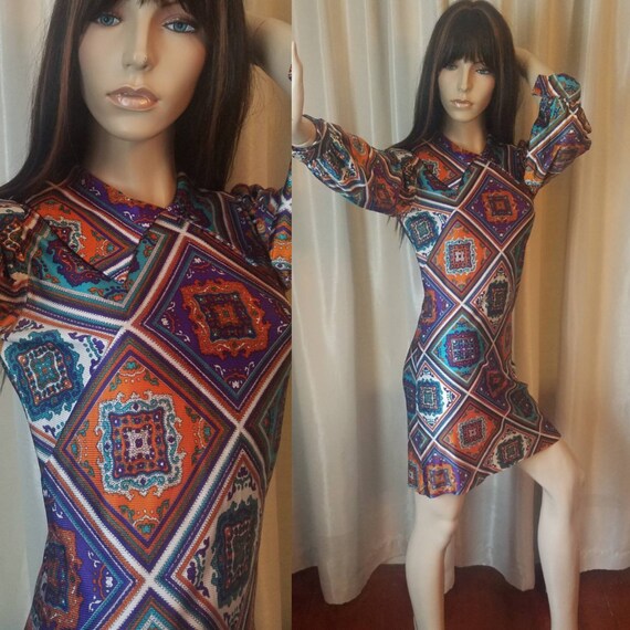70s 60s vintage mini dress small s psychedelic gre