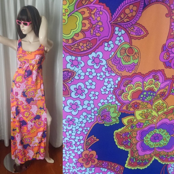 60s 70s vintage maxi dress Catalina medium day glo