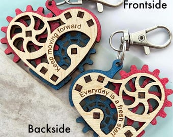 Steampunk Heart Gear Keychain, Wooden Design with Moving Gears, Engraved Quote on both sides