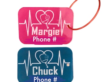 Personalized Pickleball Bag Tag: Custom Acrylic Paddle Heartbeat Design