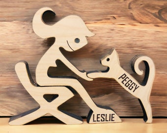 Woman and Cat Wood Sculpture: Laser Cut Table Decor