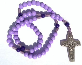 hand knotted Rosary pink with intermediate beads made of real olive wood