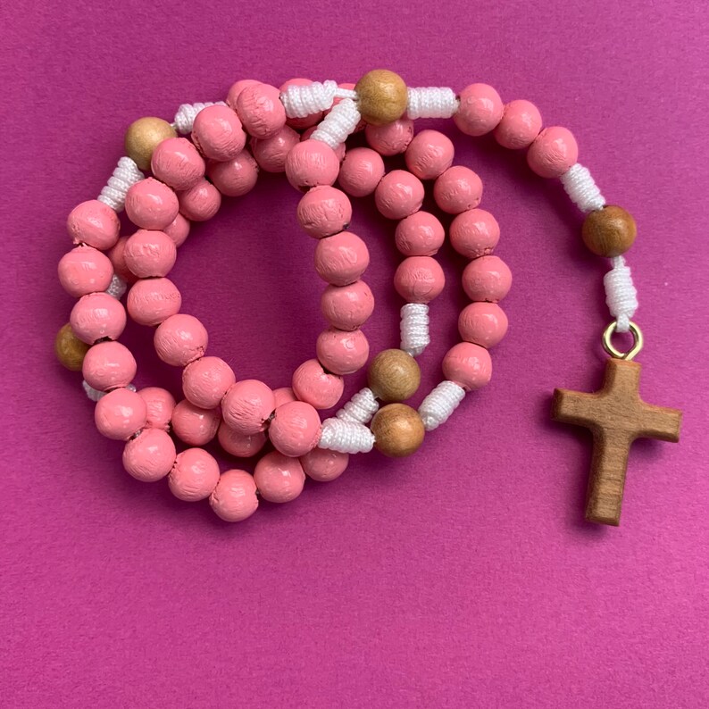 hand knotted Rosary pink with intermediate beads made of real olive wood
