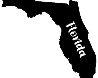 May include: Black silhouette of the state of Florida with the word "Florida" written in white inside the state.