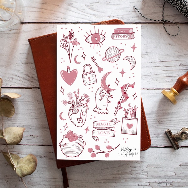 Feuille d'autocollants « Magical love » pour bullet journal, scrapbooking, art journal, carterie