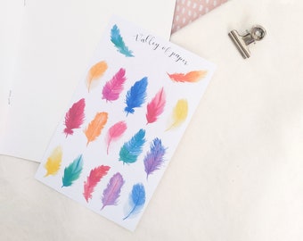 "Colorful feathers" sticker sheet for bullet journal, scrapbooking, art journal, card making