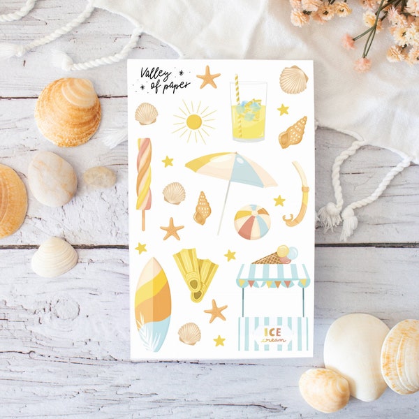 Feuille d'autocollants « Vacances à la mer » pour bullet journal, scrapbooking, art journal, carterie