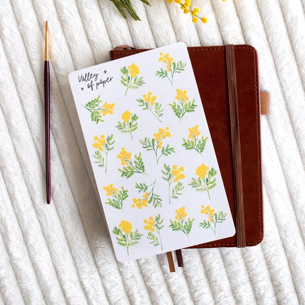 Planche d'autocollants « Mimosa en fleur » pour bullet journal, scrapbooking, art journal, carterie