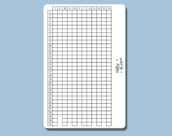 May include: A black and white printable calendar tracker with the months of the year labeled across the top and the days of the month numbered down the side. The calendar is designed for use with a planner or bullet journal.