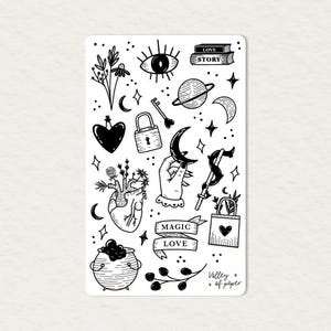 Feuille d'autocollants « Dark magical love » pour bullet journal, scrapbooking, art journal, carterie