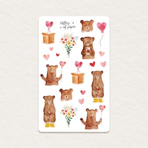 Feuille d'autocollants « Ourson amoureux » pour bullet journal, scrapbooking, art journal, carterie